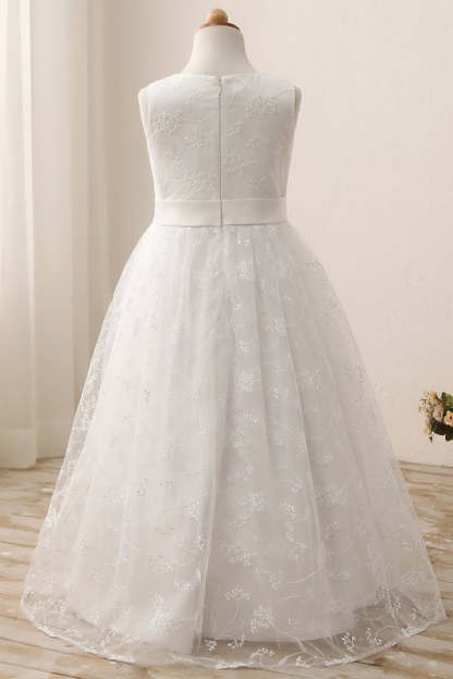 Ivory Flower Girl Dress Sleveless Jewel Neck Satin Little Girl Dress for Weddings with Lace Appliques - Flower Girl Dresses
