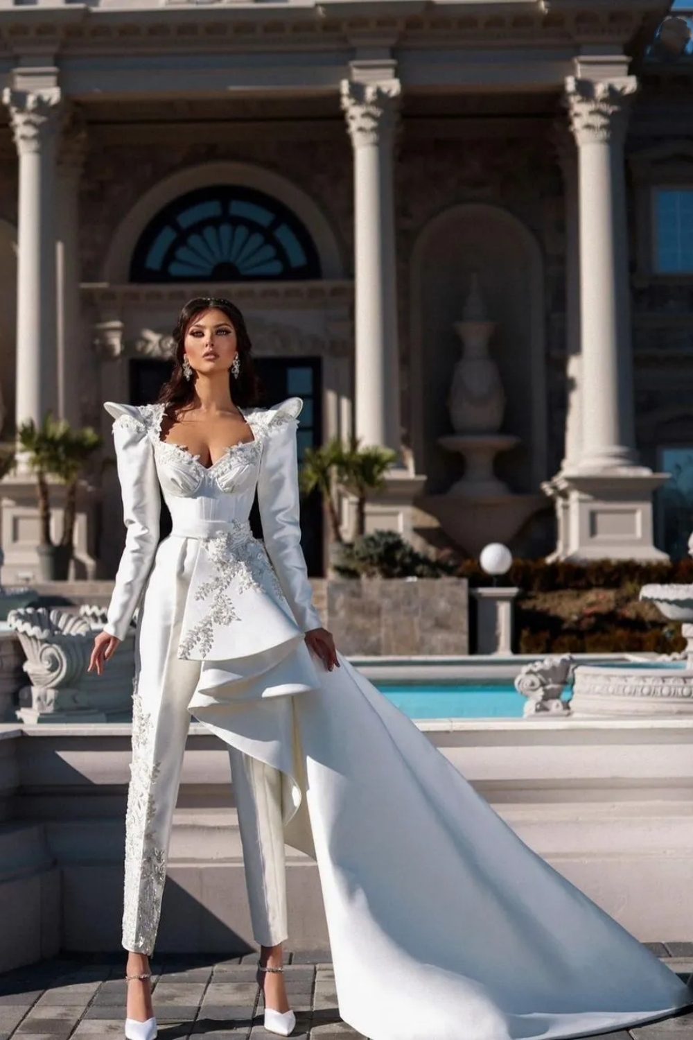 Lace Applique Jumpsuit Prom Dress with Detachable Train Long Sleeves White Evening Gown