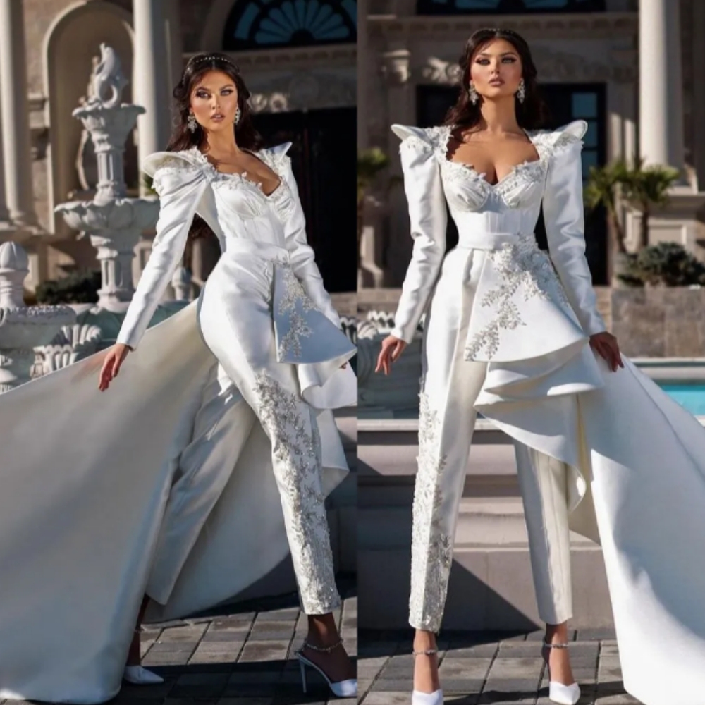 Lace Applique Jumpsuit Prom Dress with Detachable Train Long Sleeves White Evening Gown