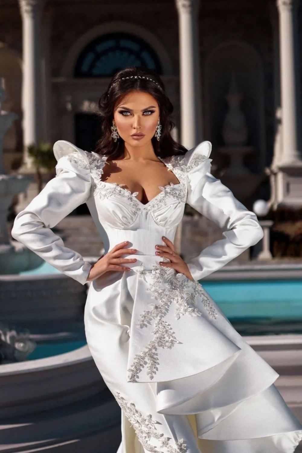 Lace Applique Jumpsuit Prom Dress with Detachable Train Long Sleeves White Evening Gown