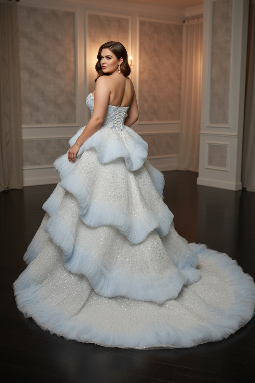 Strapless Tulle Ball Gown Beadings A-Line Prom Dress with Ruffles