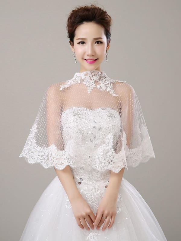 Lace Applique Pearl Rhinestone Wedding Wraps | Bridelily - White / One Size - wedding wraps
