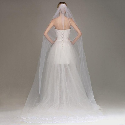 Lace Edge Ivory Appliqued Long Wedding Veils | Bridelily - wedding veils