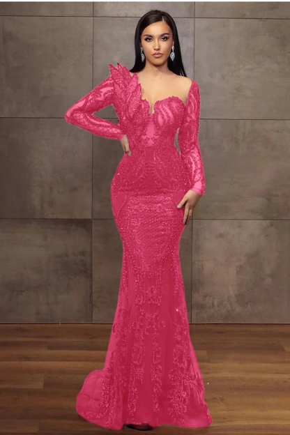 Stunning Burgundy Long Sleeves Slim Mermaid Evening Gown