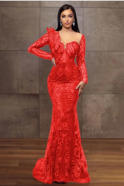 Stunning Burgundy Long Sleeves Slim Mermaid Evening Gown