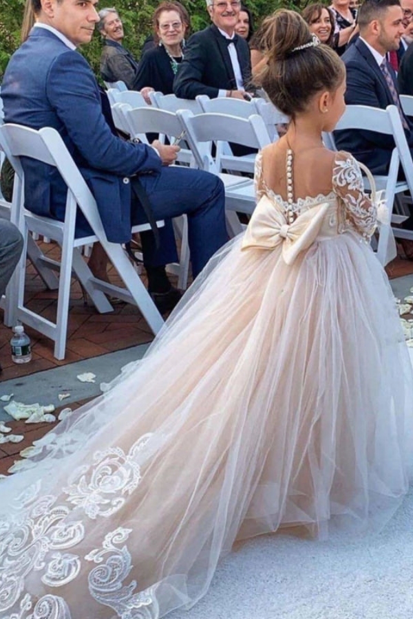Lovely Ivory Jewel Long Sleeves Long Flower Girl Dresses Little Girls Peagant Dress with Bowknot