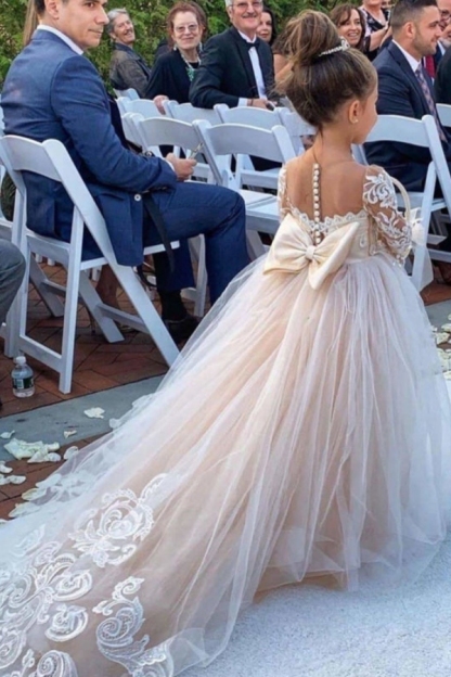 Lovely Ivory Jewel Long Sleeves Long Flower Girl Dresses Little Girls Peagant Dress with Bowknot