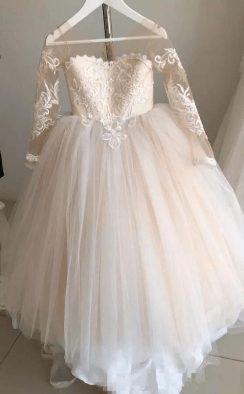 Lovely Princess Jewel Long Sleeves Long Flower Girl Dresses | Ivory Little Girls Peagant Dress with Bowknot - Ivory / 2Y-3Y - Flower Girl