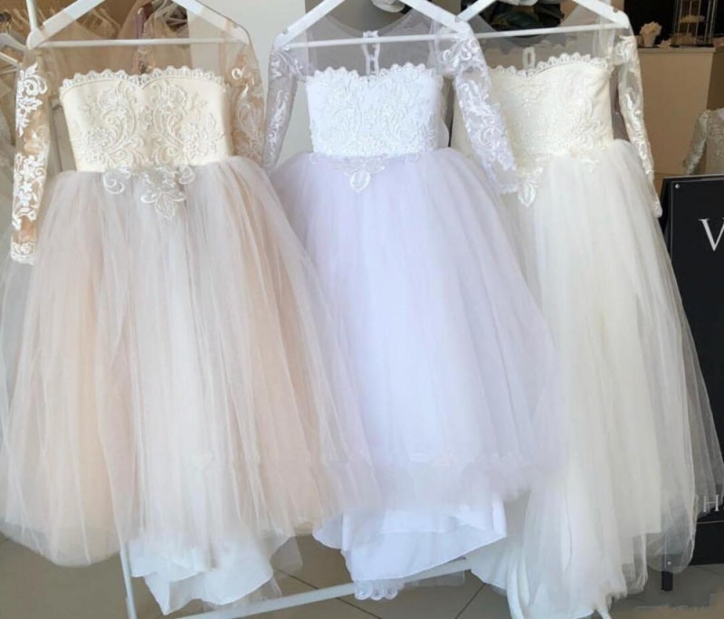 Lovely Princess Jewel Long Sleeves Long Flower Girl Dresses | Ivory Little Girls Peagant Dress with Bowknot - Flower Girl Dresses