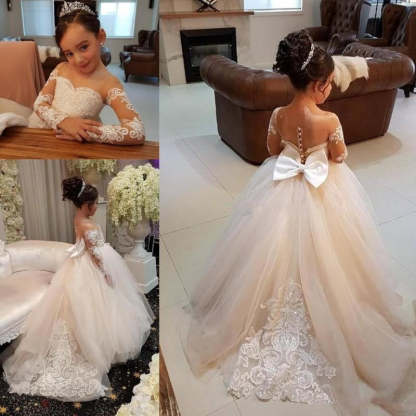 Lovely Princess Jewel Long Sleeves Long Flower Girl Dresses | Ivory Little Girls Peagant Dress with Bowknot - Champagne / 2Y-3Y - Flower