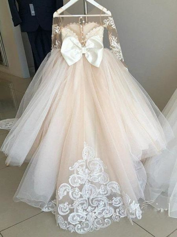 Lovely Princess Jewel Long Sleeves Long Flower Girl Dresses | Ivory Little Girls Peagant Dress with Bowknot - Flower Girl Dresses
