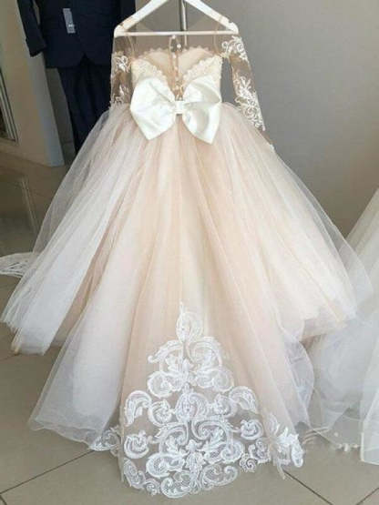 Lovely Princess Jewel Long Sleeves Long Flower Girl Dresses | Ivory Little Girls Peagant Dress with Bowknot - Flower Girl Dresses