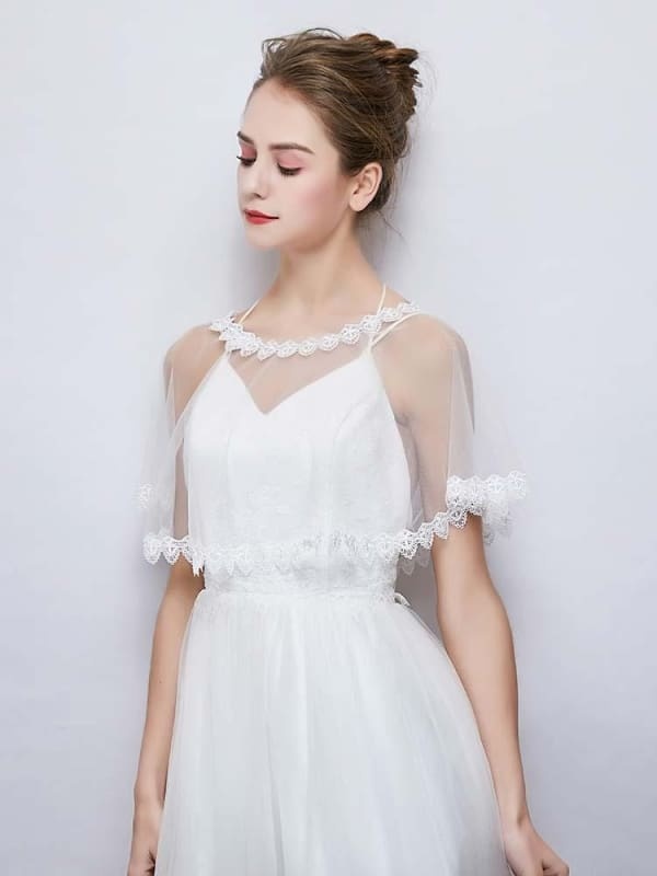 New White Sheer Tulle Applique Wedding Wraps | Bridelily - wedding wraps