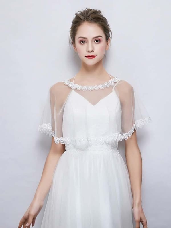 New White Sheer Tulle Applique Wedding Wraps | Bridelily - wedding wraps