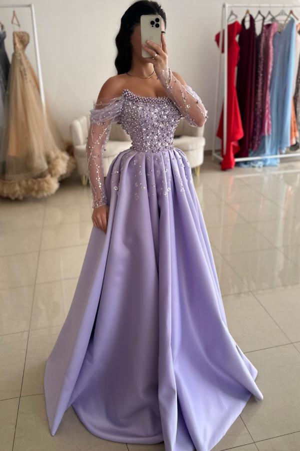 Stylish Aline Evening Dress Off-the-Sholder Satin Long Prom Dress with Glitter