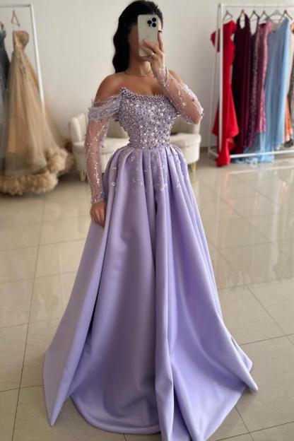 Stylish Aline Evening Dress Off-the-Sholder Satin Long Prom Dress with Glitter