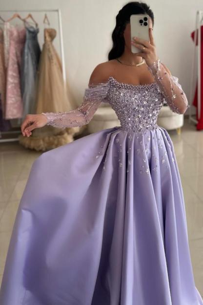 Stylish Aline Evening Dress Off-the-Sholder Satin Long Prom Dress with Glitter