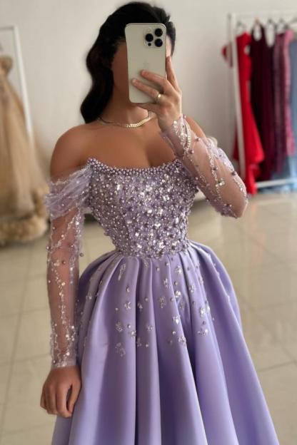 Stylish Aline Evening Dress Off-the-Sholder Satin Long Prom Dress with Glitter