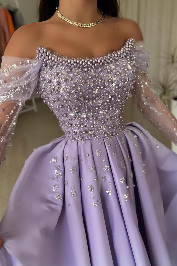 Stylish Aline Evening Dress Off-the-Sholder Satin Long Prom Dress with Glitter