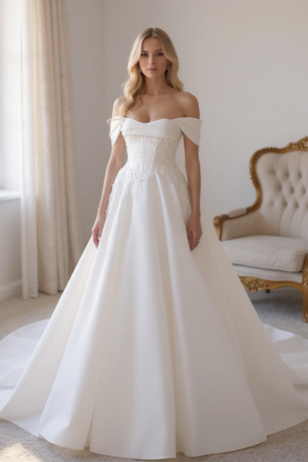 Off-the-Shoulder Aline Wedding Dress White Corset Ball Gown with Sweep Train