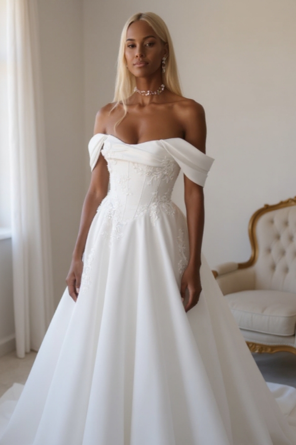Off-the-Shoulder Aline Wedding Dress White Corset Ball Gown with Sweep Train