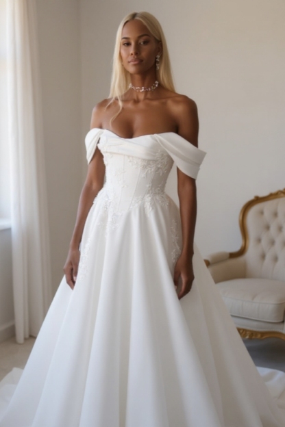 Off-the-Shoulder Aline Wedding Dress White Corset Ball Gown with Sweep Train