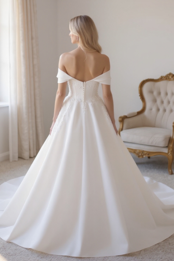 Off-the-Shoulder Aline Wedding Dress White Corset Ball Gown with Sweep Train