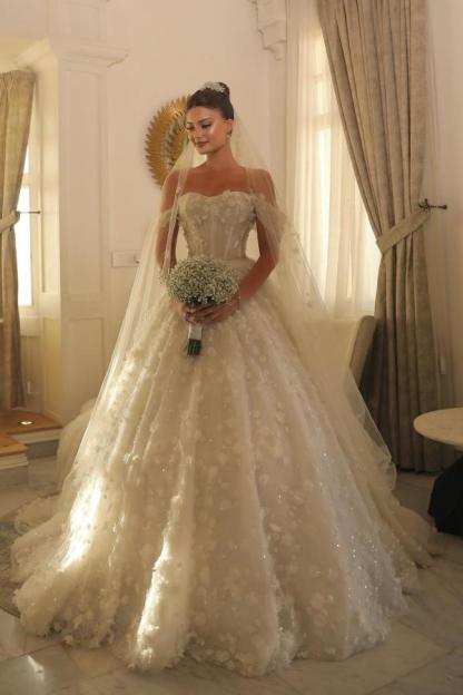 Off-the-Shoulder Sweetheart Aline Ball Gown Wedding Dress with Beadings