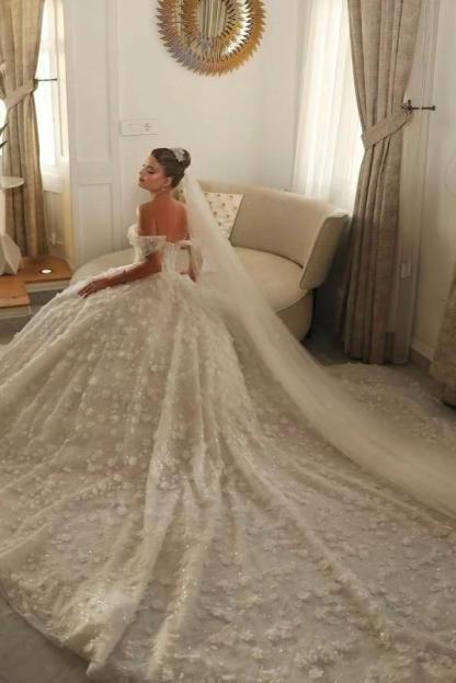 Off-the-Shoulder Sweetheart Aline Ball Gown Wedding Dress with Beadings
