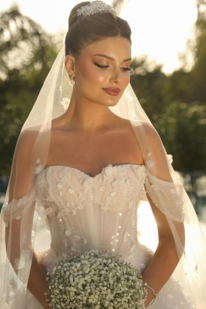 Off-the-Shoulder Sweetheart Aline Ball Gown Wedding Dress with Beadings