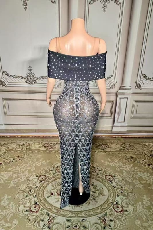 Off-the-Shoulder Crystal Floor Length Sheath Prom Dress
