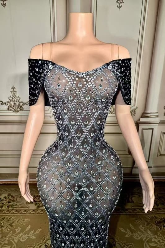 Off-the-Shoulder Crystal Floor Length Sheath Prom Dress