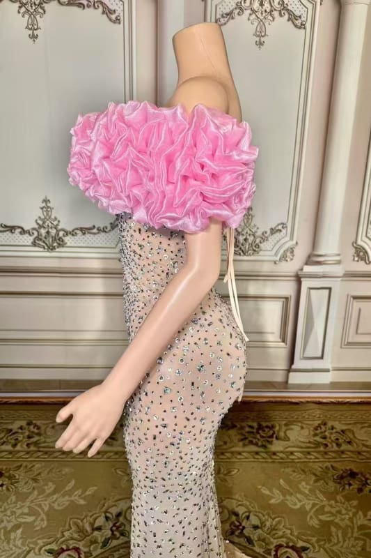 Off-the-Shoulder Floor Length Flowers Sheath Prom Dress with Split