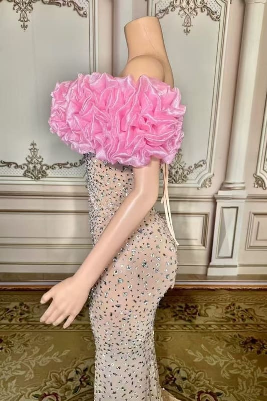 Off-the-Shoulder Floor Length Flowers Sheath Prom Dress with Split