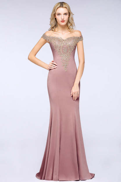 Off-the-Shoulder Formal Gown Gold Lace Applique Floor Length Mermaid Evneing Dress - Dusty Rose / US 2 - Prom Dresses