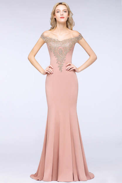 Off-the-Shoulder Formal Gown Gold Lace Applique Floor Length Mermaid Evneing Dress - Rose Gold / US 2 - Prom Dresses