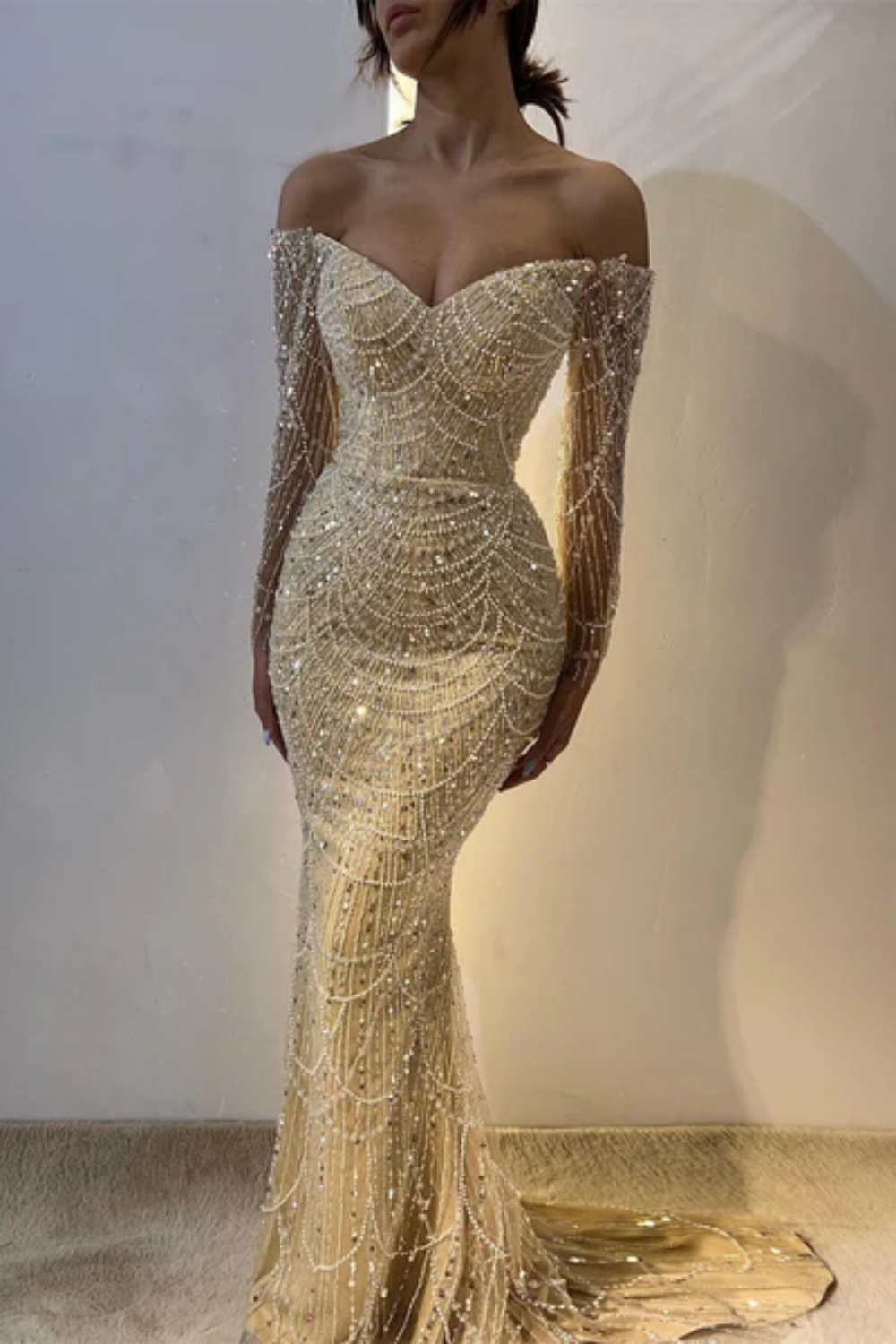 Charming Off Shoulder Long Sleeves Mermaid Prom Dress with Beadings