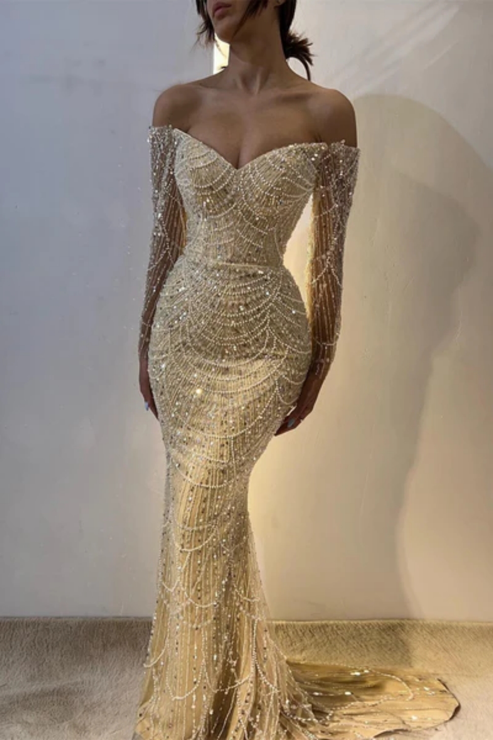 Charming Off Shoulder Long Sleeves Mermaid Prom Dress with Beadings