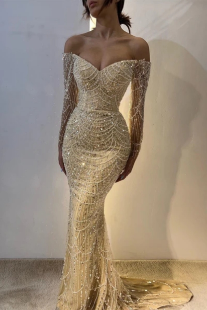 Charming Off Shoulder Long Sleeves Mermaid Prom Dress with Beadings