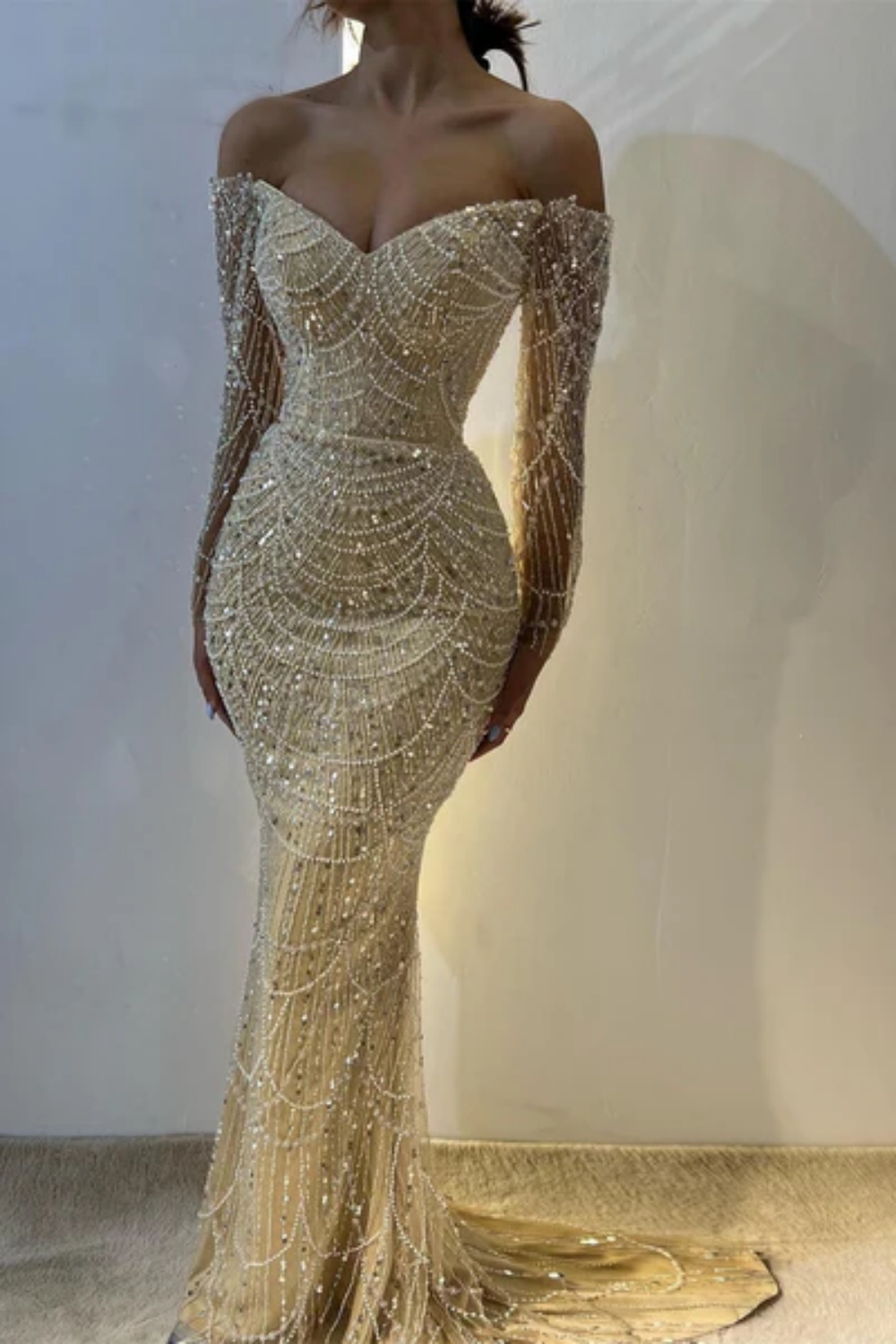 Charming Off Shoulder Long Sleeves Mermaid Prom Dress with Beadings