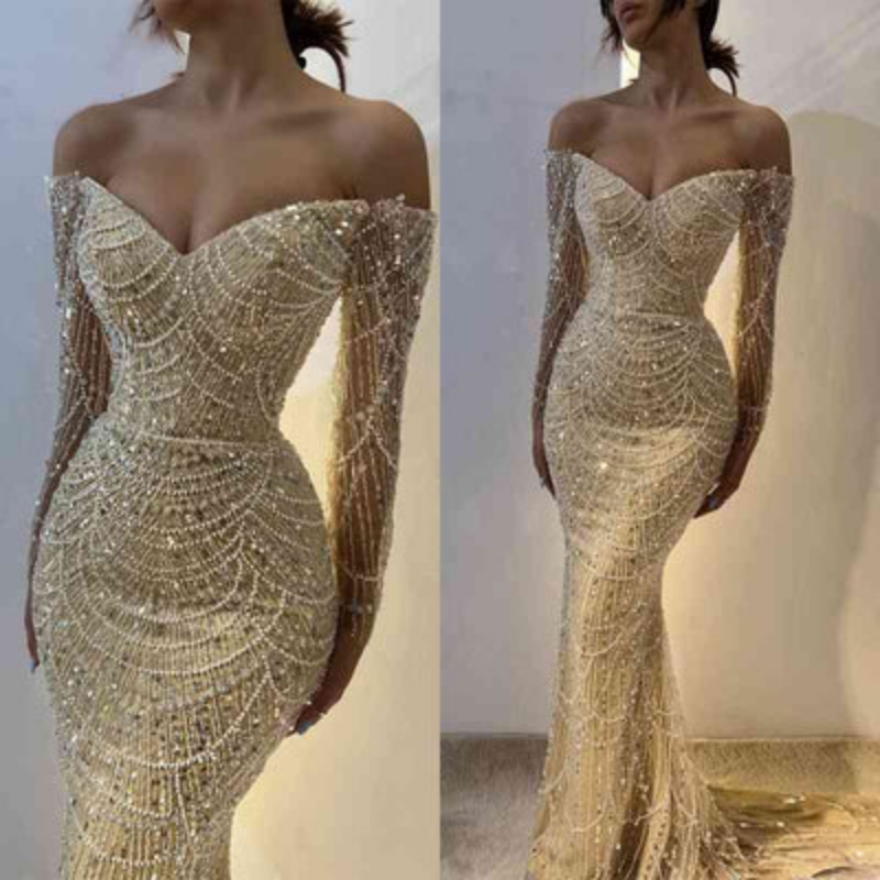 Charming Off Shoulder Long Sleeves Mermaid Prom Dress with Beadings