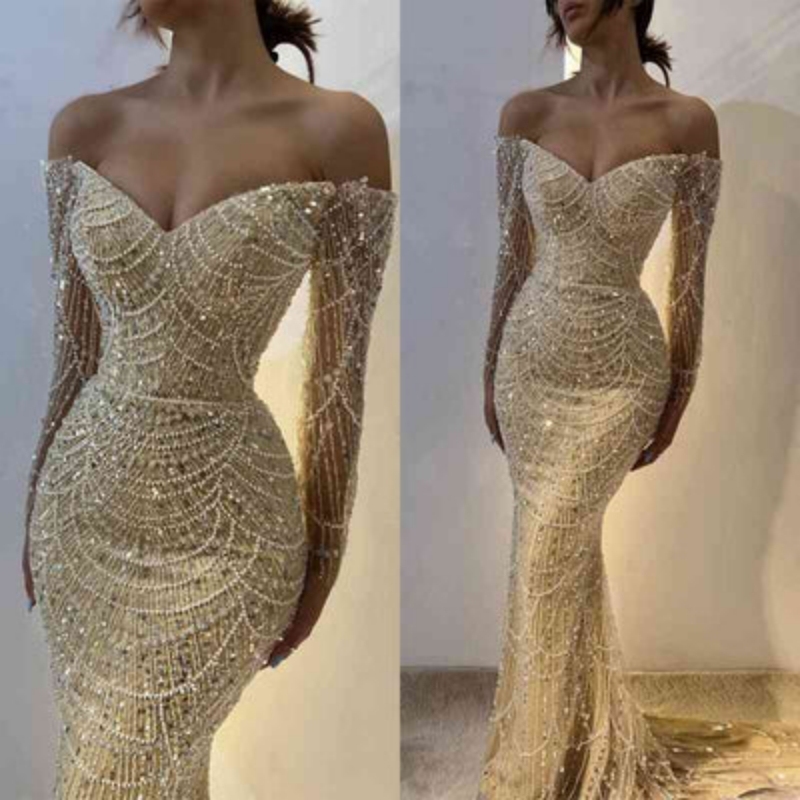 Charming Off Shoulder Long Sleeves Mermaid Prom Dress with Beadings