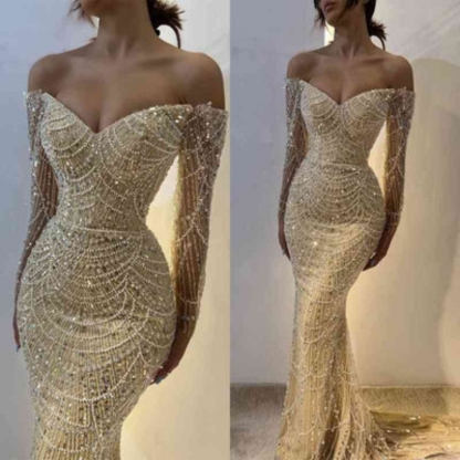 Charming Off Shoulder Long Sleeves Mermaid Prom Dress with Beadings