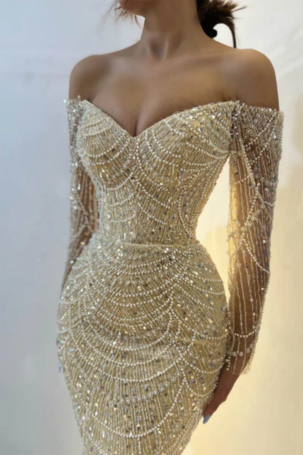 Charming Off Shoulder Long Sleeves Mermaid Prom Dress with Beadings