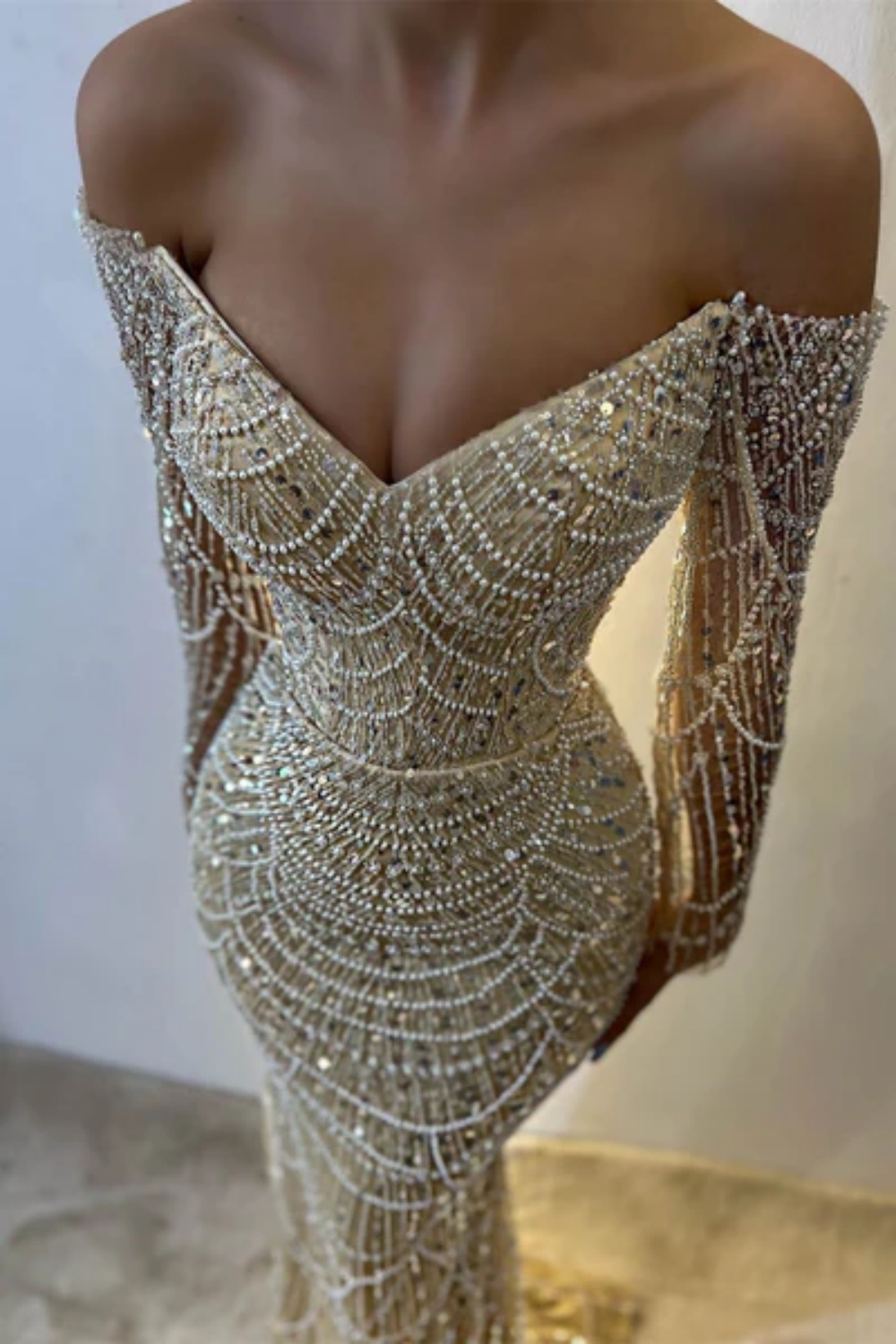 Charming Off Shoulder Long Sleeves Mermaid Prom Dress with Beadings