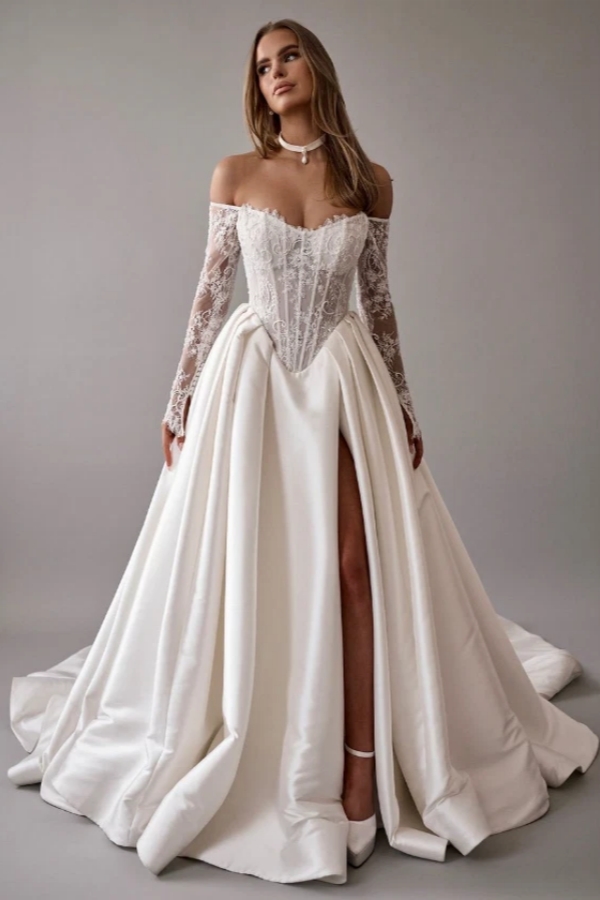 Off-the-Shoulder Long Sleeves Aline Wedding Dresses Ivory Satin Bridal Gowns with Lace Appliques