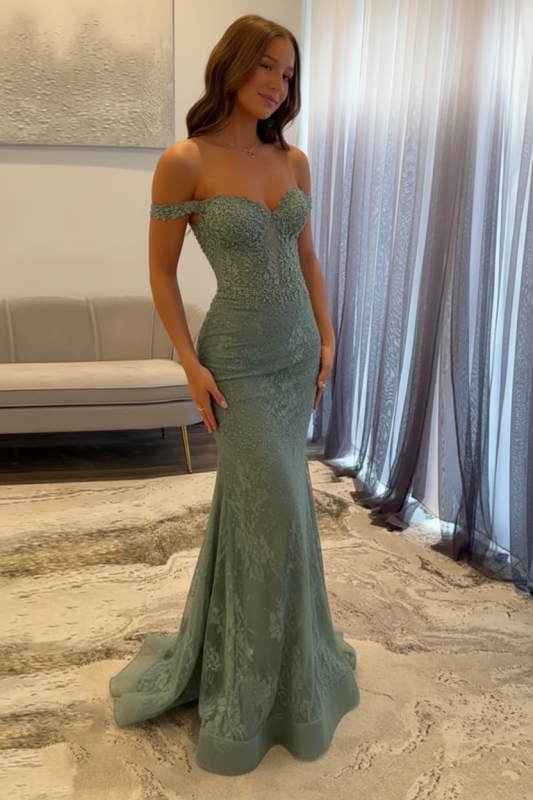 Off-the-Shoulder Lace Mermaid Long Prom Dress
