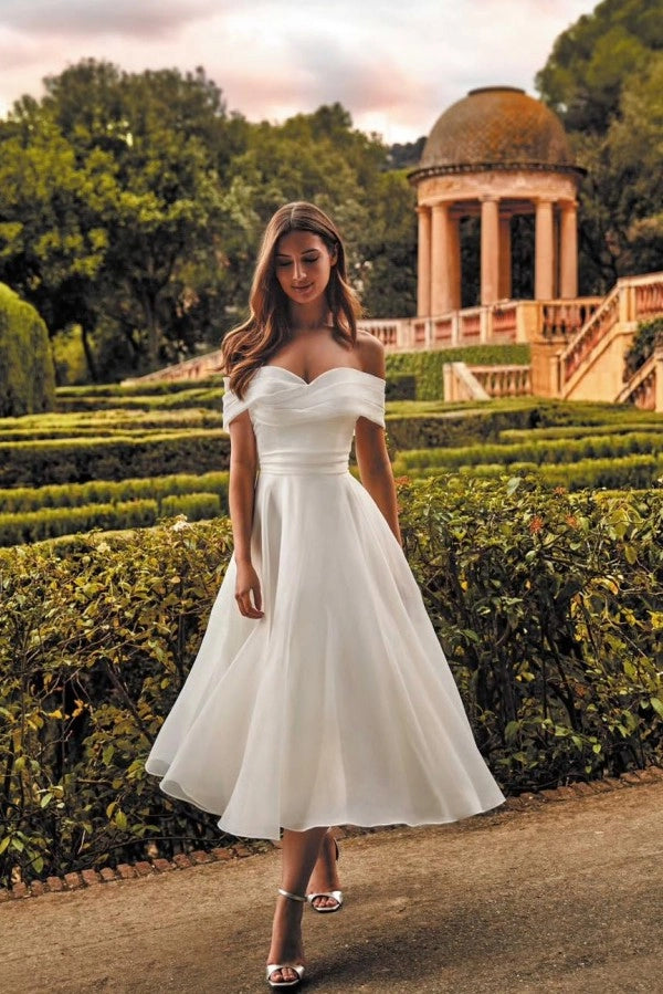 Off-the-Shoulder Tea Length Aline Wedding Dress Tulle Vintage Bridal Dress