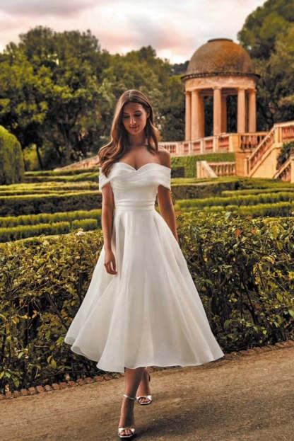 Off-the-Shoulder Tea Length Aline Wedding Dress Tulle Vintage Bridal Dress