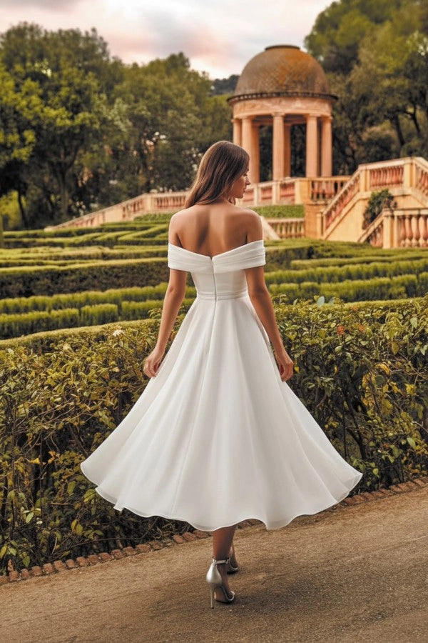 Off-the-Shoulder Tea Length Aline Wedding Dress Tulle Vintage Bridal Dress